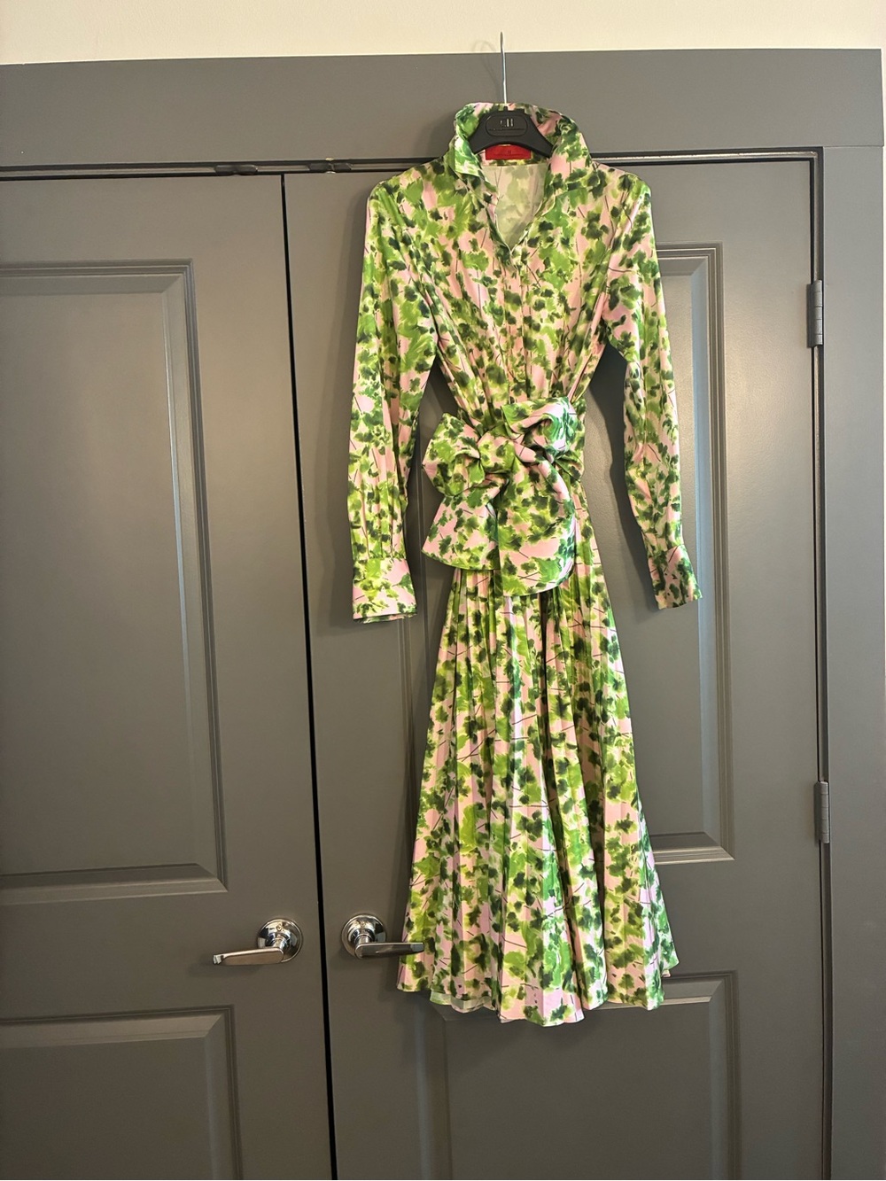 Carolina Herrera Green and Pink Floral Midi Dress with detachable Bow